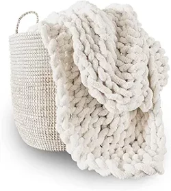 Hand-knit chunky knit throw, 100% chenille, cream white, 30"x40"