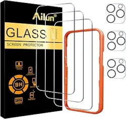 iPhone 16 Pro Max screen protector, 3-pack tempered glass with 3 camera lens protectors and installation frame.  Case friendly, compatible with Dynamic Island.
