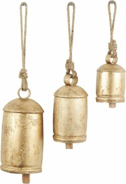 Tibetan-inspired metal cowbells, gold, set of 3 (10", 8", 6"). Jute rope included.