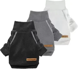 Fleece dog sweaters, turtleneck sweatshirts for small dogs.  Pet pullover jumpers in black, grey, and white. Available in XS.