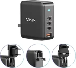 MINIX 165W USB-C GaN II charger with four ports.  Fast charging compatible with MacBook Pro, iPad Air, iPhone 15/14/13 Pro Max, Galaxy S24 Ultra, and more.
