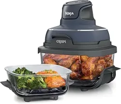 Ninja Crispi Air Fryer system: microwave, freezer & dishwasher safe. Non-toxic glass; 4QT & 6 cup containers with lids. Air fry, bake, and more. Grey, FN101GY