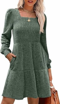 Women's Long-Sleeve Fall Dress, Square Neck, Casual Babydoll Sweater Dress