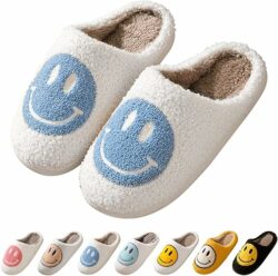 Women's Plush Slippers: Soft, warm, and cozy indoor/outdoor slip-ons. Retro happy face design.