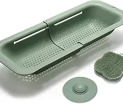 Over-the-sink colander for kitchen. Collapsible, dishwasher-safe design. 14.5"-19.5". Ideal for fruits, vegetables, pasta.