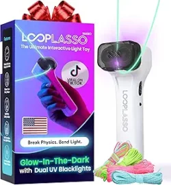 Glow-in-the-dark string shooter toy with built-in UV light. Safe, interactive STEM toy; great stocking stuffer or family game night fun.