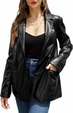 Women's vegan leather blazer jacket. Soft, casual coat.