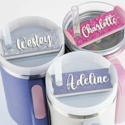 Custom Stanley Cup name tags: personalized, vibrant, secure fit for 20oz, 30oz, 40oz tumblers.  3D raised lettering. 50+ colors & fonts.
